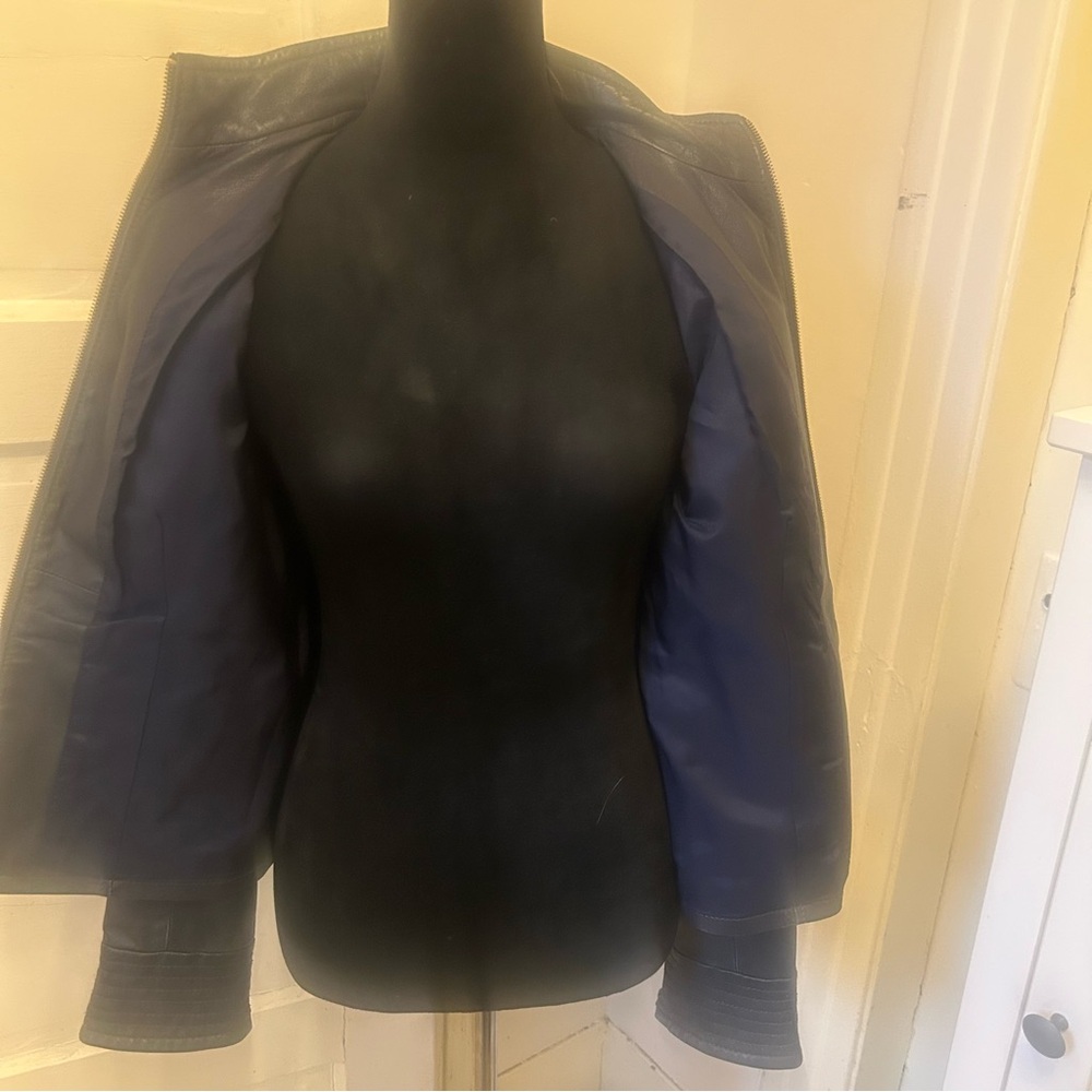 TORY BURCH Lamb Leather Navy Leather Moto Jacket Utility Quiet Luxury Coquette - Picture 6 of 11